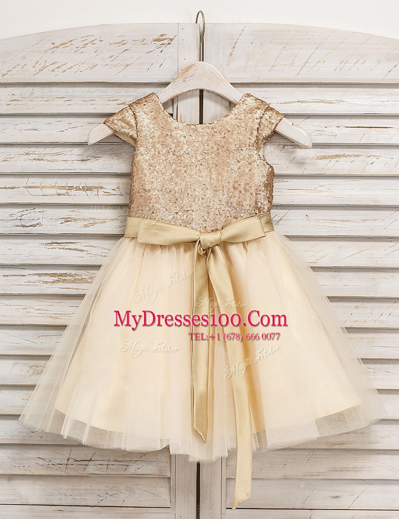 Edgy Scoop Sequins Mini Length A-line Sleeveless Champagne Flower Girl Dresses for Less Zipper