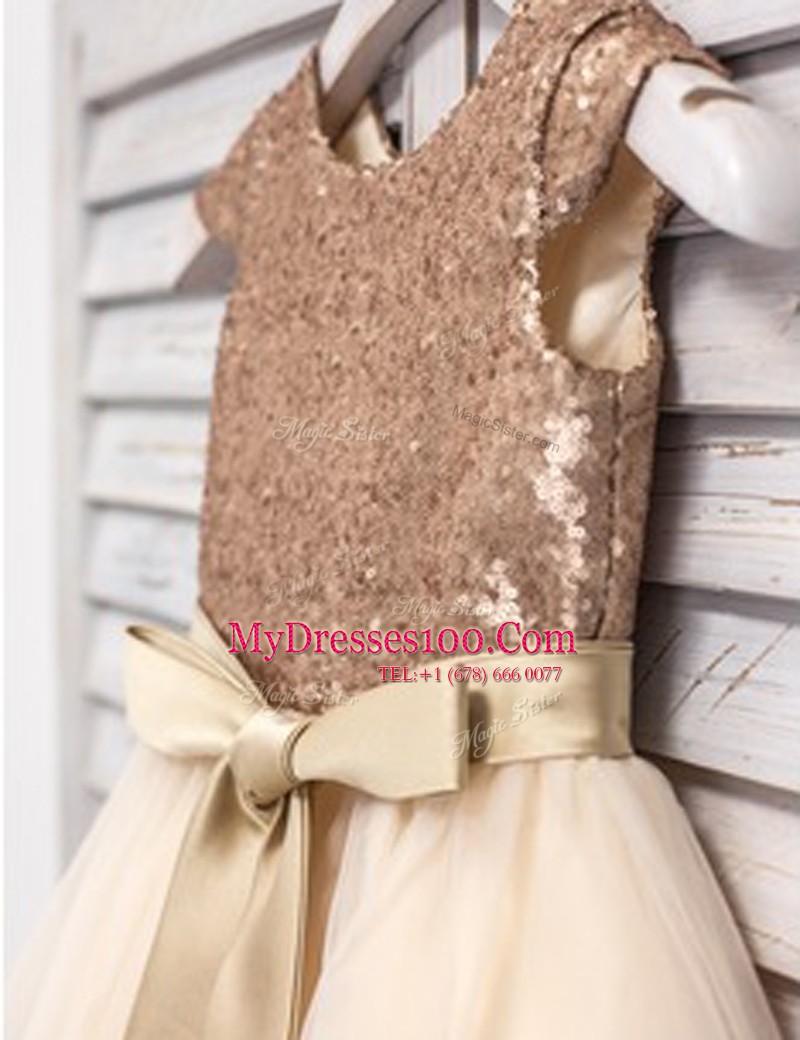 Edgy Scoop Sequins Mini Length A-line Sleeveless Champagne Flower Girl Dresses for Less Zipper