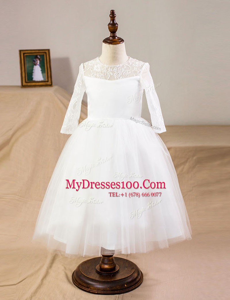 Sophisticated White A-line Tulle Scoop Half Sleeves Lace Floor Length Clasp Handle Flower Girl Dress
