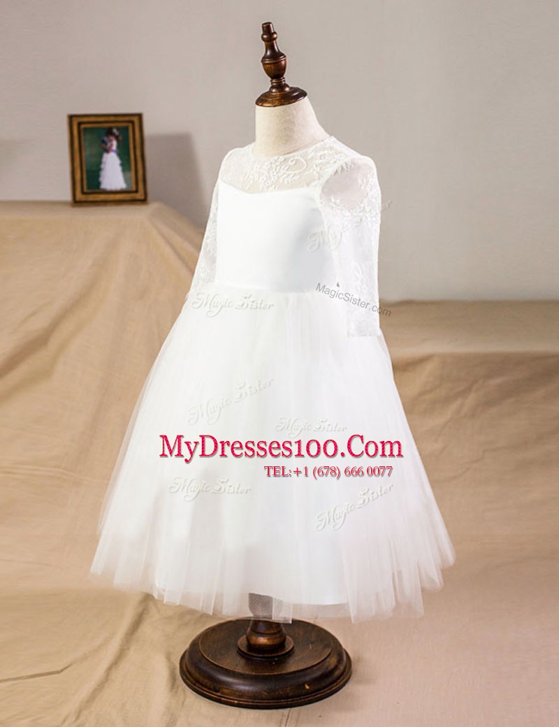 Sophisticated White A-line Tulle Scoop Half Sleeves Lace Floor Length Clasp Handle Flower Girl Dress