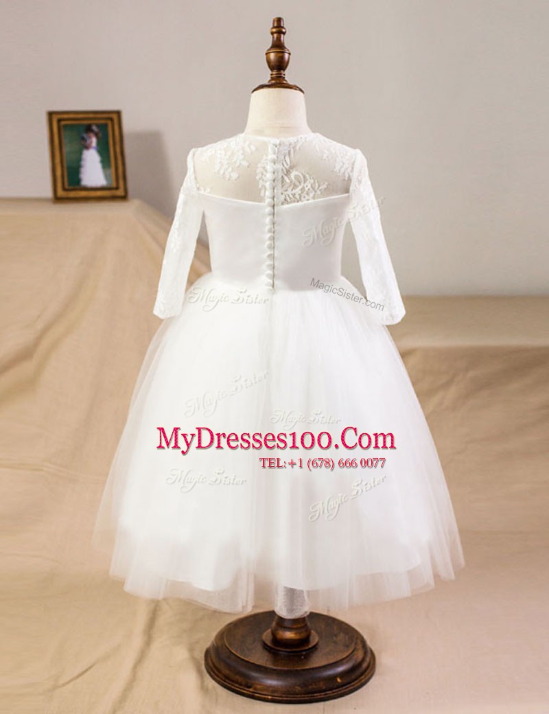 Sophisticated White A-line Tulle Scoop Half Sleeves Lace Floor Length Clasp Handle Flower Girl Dress