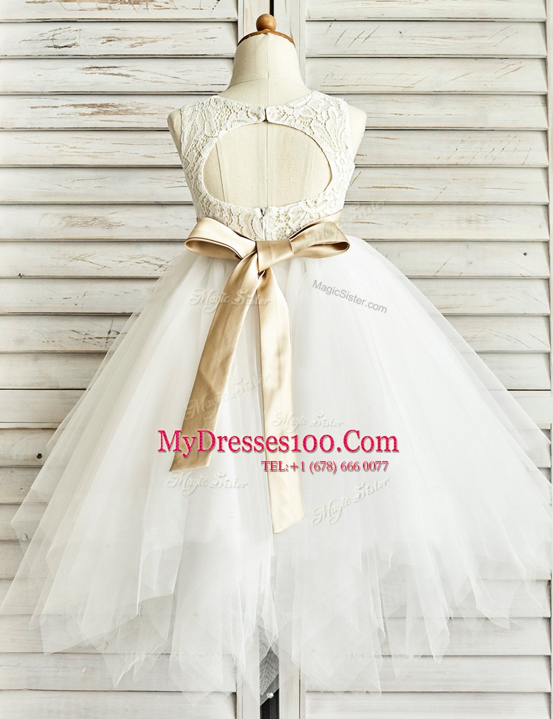 Scoop Floor Length Zipper Flower Girl Dresses White for Party and Wedding Party with Lace and Ruffled Layers and Sashes ribbons
