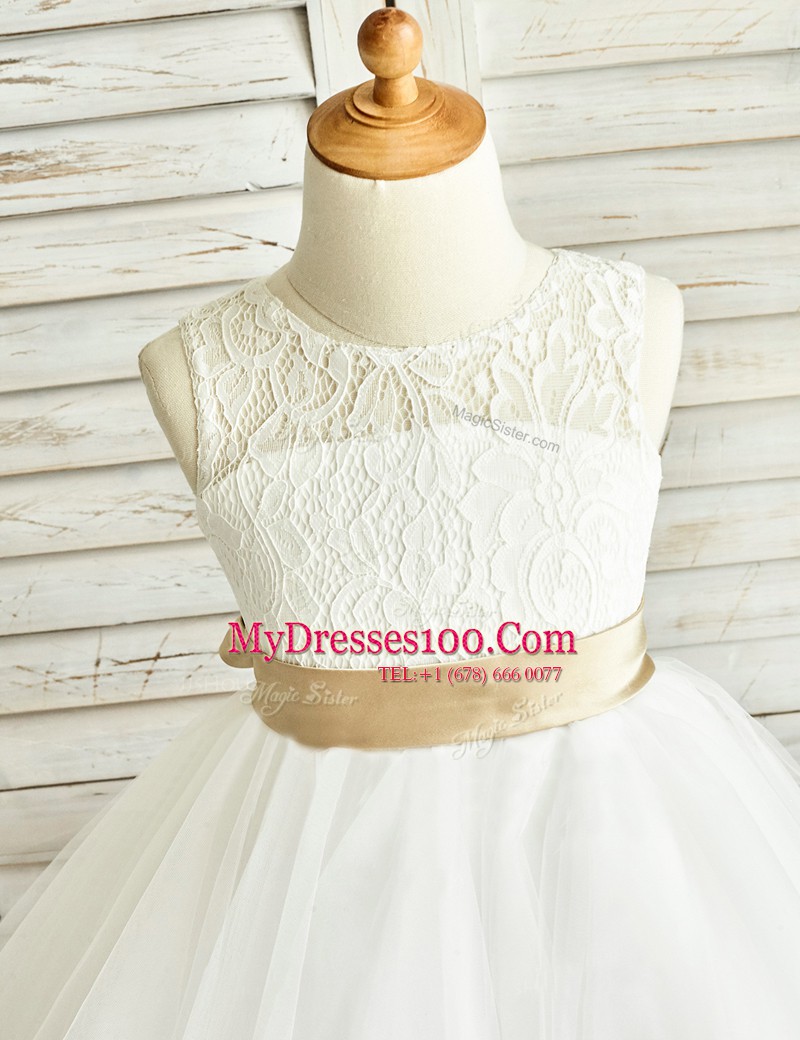 Scoop Floor Length Zipper Flower Girl Dresses White for Party and Wedding Party with Lace and Ruffled Layers and Sashes ribbons