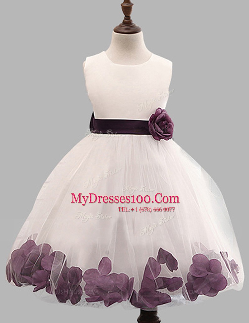 Fitting White Scoop Neckline Appliques and Hand Made Flower Flower Girl Dress Sleeveless Zipper