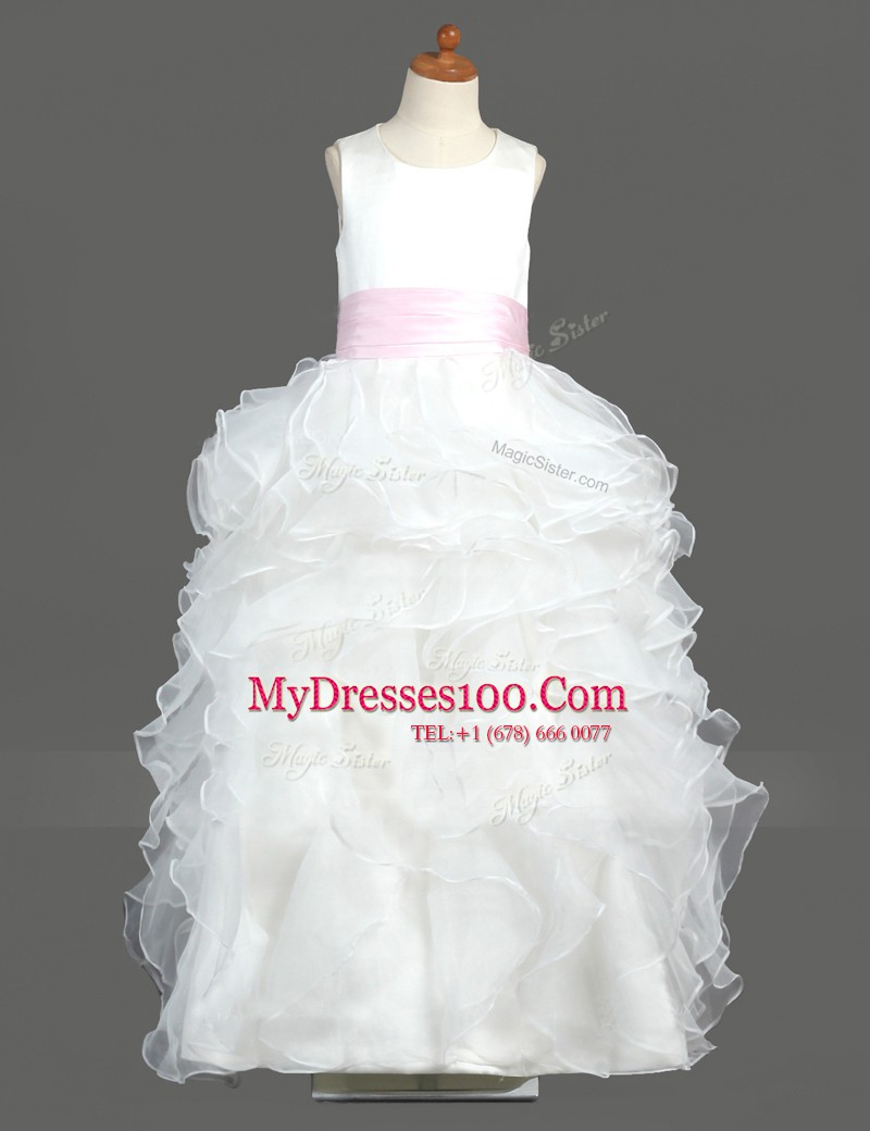 White Scoop Neckline Ruffled Layers Flower Girl Dress Sleeveless Zipper