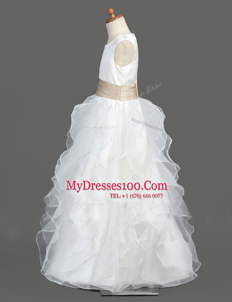 White Scoop Neckline Ruffled Layers Flower Girl Dress Sleeveless Zipper