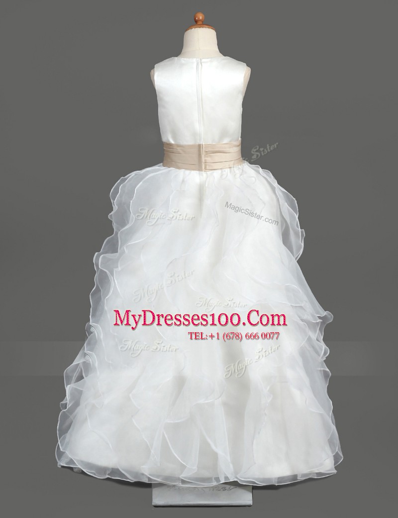 White Scoop Neckline Ruffled Layers Flower Girl Dress Sleeveless Zipper