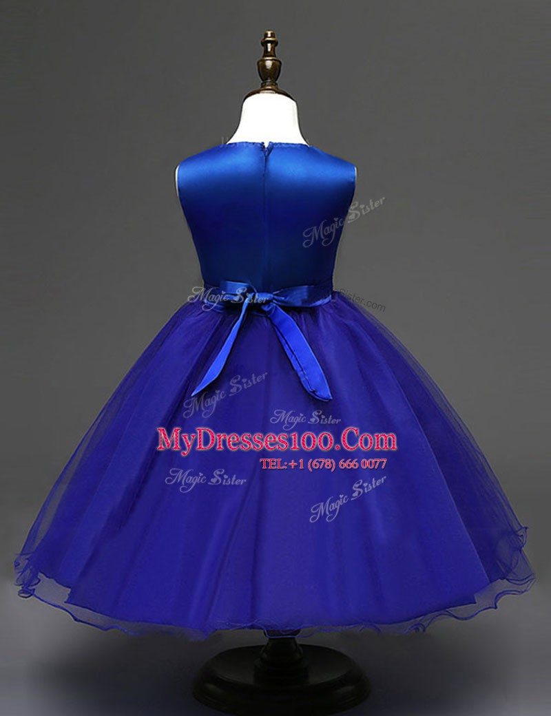 Fine Royal Blue Organza Zipper Scoop Sleeveless Ankle Length Toddler Flower Girl Dress Sequins and Bowknot