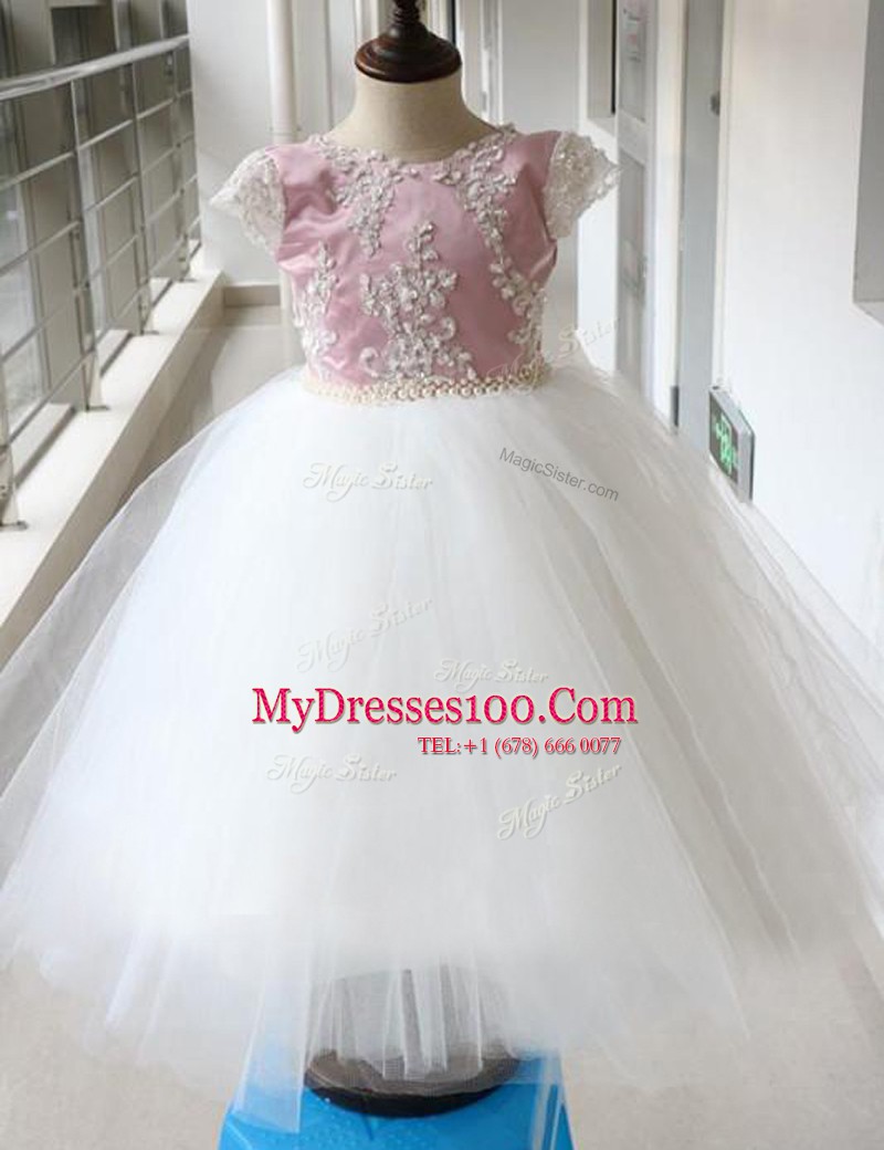 Spectacular Scoop Cap Sleeves Flower Girl Dress Ankle Length Beading White and Lilac Tulle