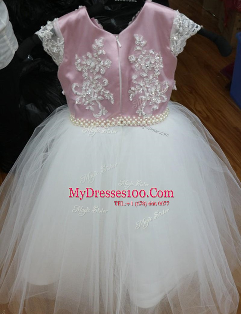 Spectacular Scoop Cap Sleeves Flower Girl Dress Ankle Length Beading White and Lilac Tulle