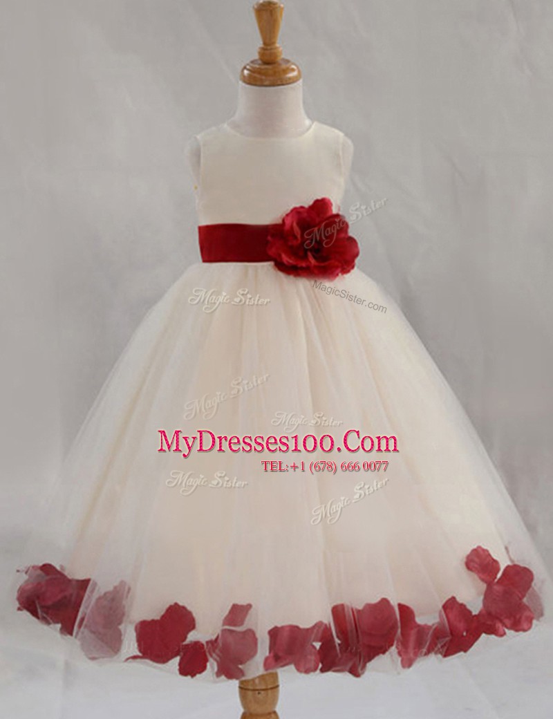 A-line Flower Girl Dresses White Scoop Tulle Sleeveless Floor Length Zipper