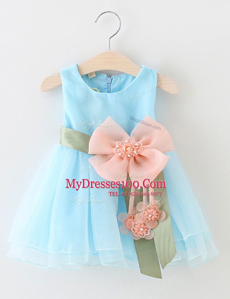 Scoop Knee Length Zipper Flower Girl Dresses for Less Apple Green for Party and Wedding Party with Beading and Bowknot
