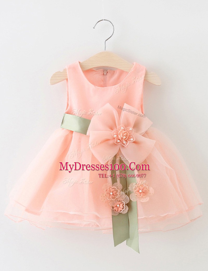 Scoop Knee Length Zipper Flower Girl Dresses for Less Apple Green for Party and Wedding Party with Beading and Bowknot
