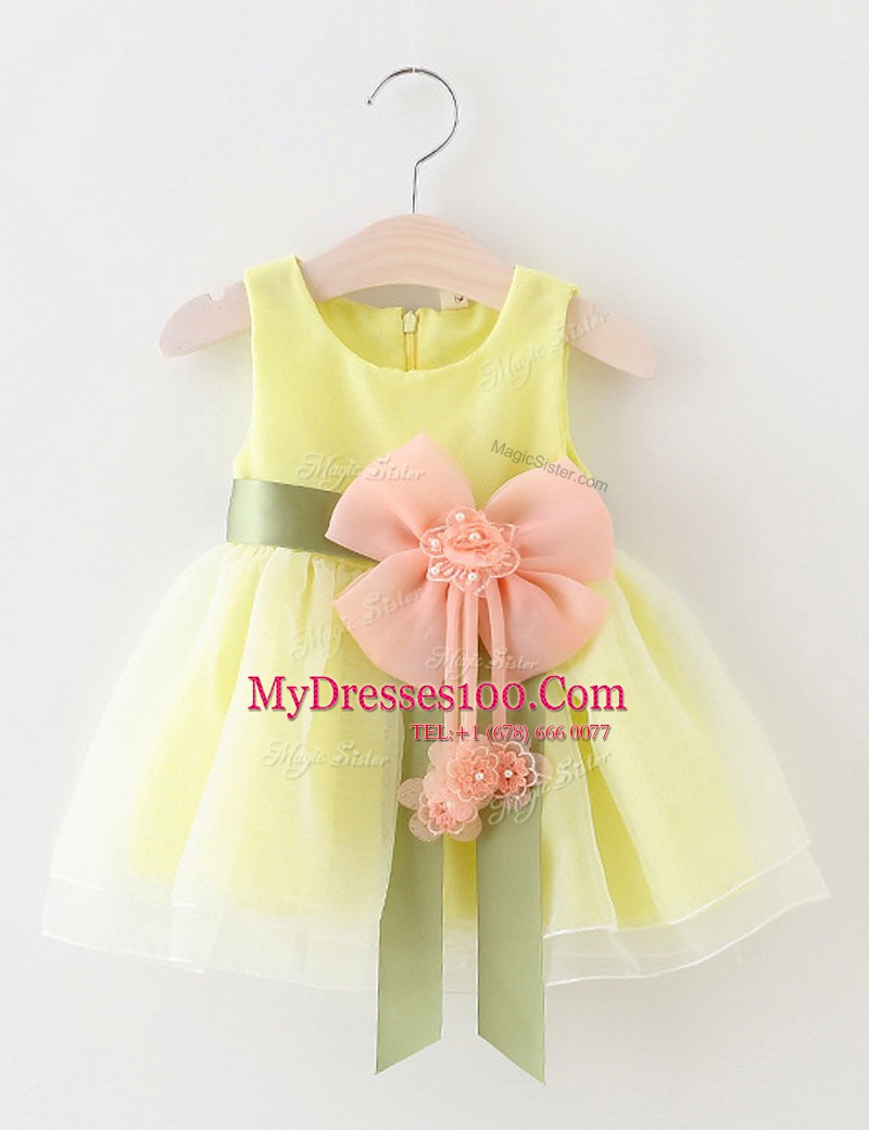 Scoop Knee Length Zipper Flower Girl Dresses for Less Apple Green for Party and Wedding Party with Beading and Bowknot