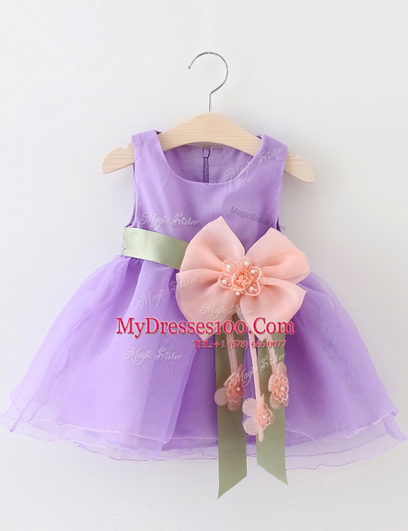 Scoop Knee Length Zipper Flower Girl Dresses for Less Apple Green for Party and Wedding Party with Beading and Bowknot