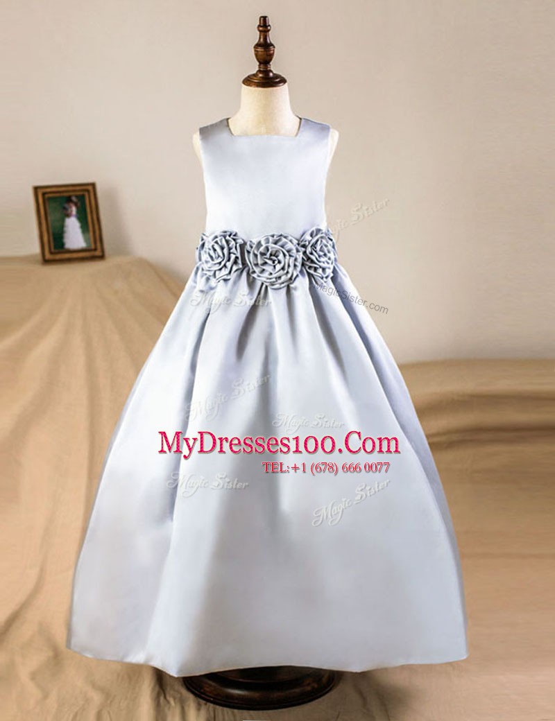 Silver Flower Girl Dresses for Less Party and Wedding Party and For with Hand Made Flower Square Sleeveless Zipper