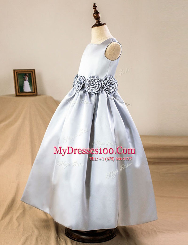 Silver Flower Girl Dresses for Less Party and Wedding Party and For with Hand Made Flower Square Sleeveless Zipper