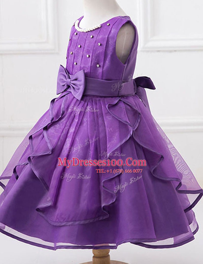 Flirting Scoop Eggplant Purple Zipper Toddler Flower Girl Dress Beading and Ruffles and Bowknot Sleeveless Floor Length