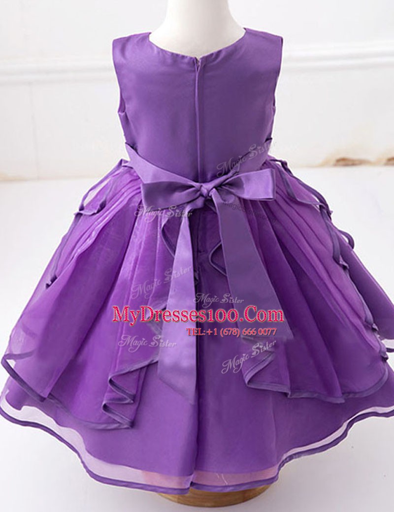 Flirting Scoop Eggplant Purple Zipper Toddler Flower Girl Dress Beading and Ruffles and Bowknot Sleeveless Floor Length