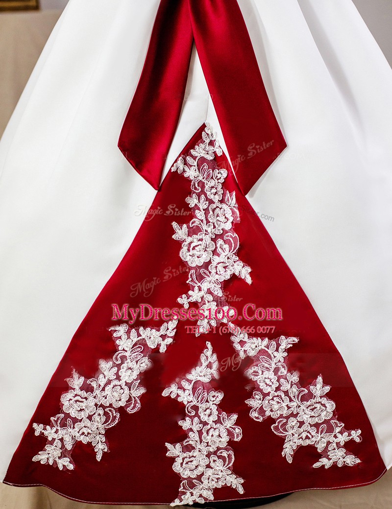 Best Scoop Satin Sleeveless Floor Length Flower Girl Dresses for Less and Lace and Appliques and Bowknot