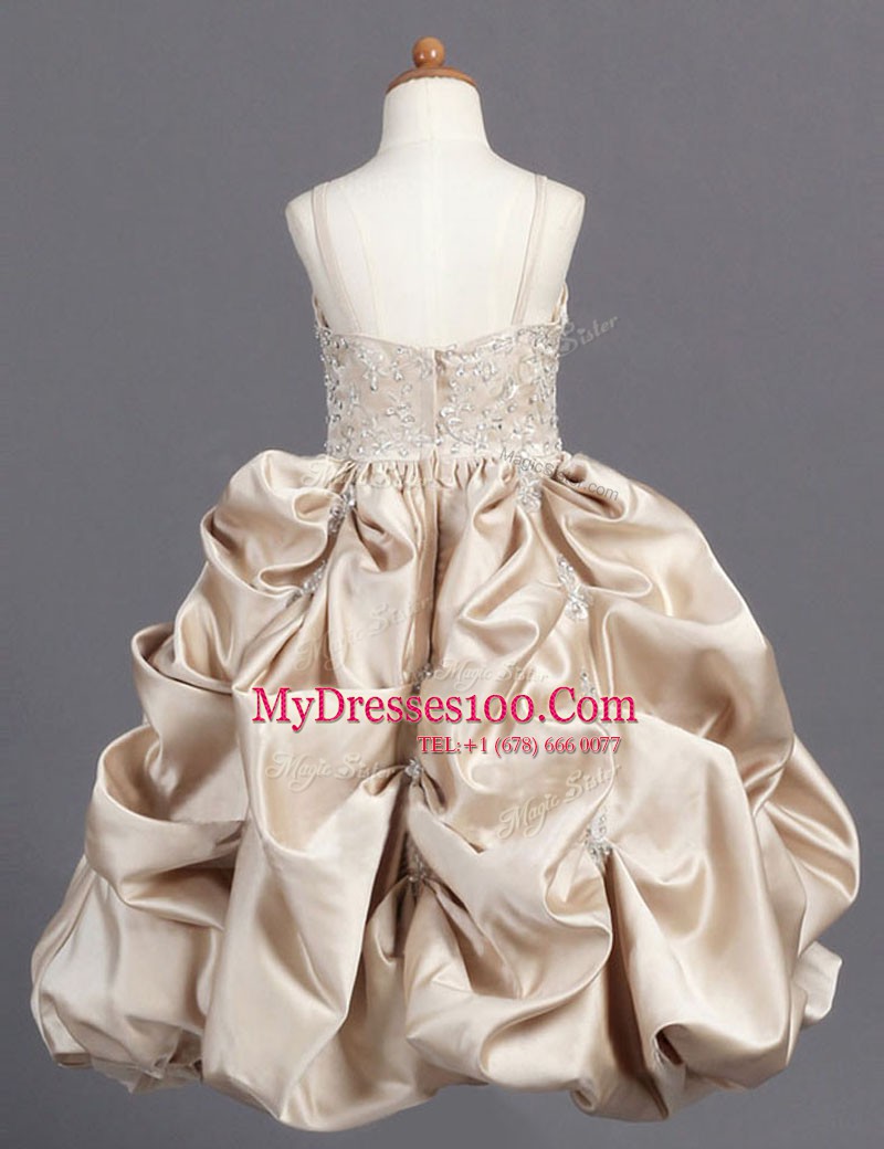 Dynamic Pick Ups Ball Gowns Flower Girl Dress Champagne Spaghetti Straps Taffeta Sleeveless Floor Length Zipper