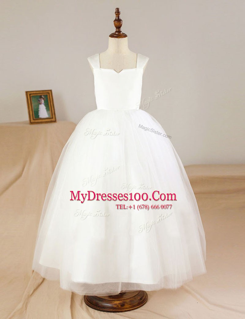 White Tulle Zipper Straps Sleeveless Floor Length Toddler Flower Girl Dress Ruching