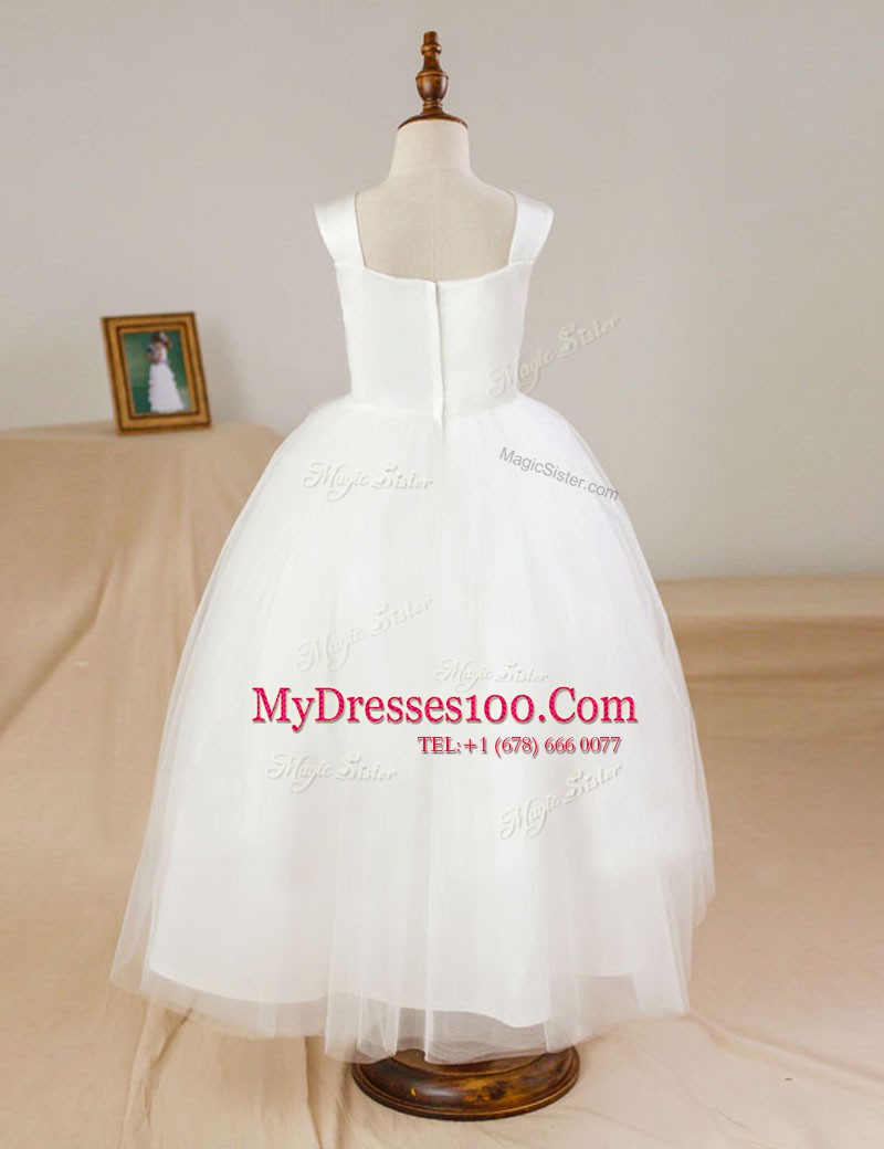 White Tulle Zipper Straps Sleeveless Floor Length Toddler Flower Girl Dress Ruching