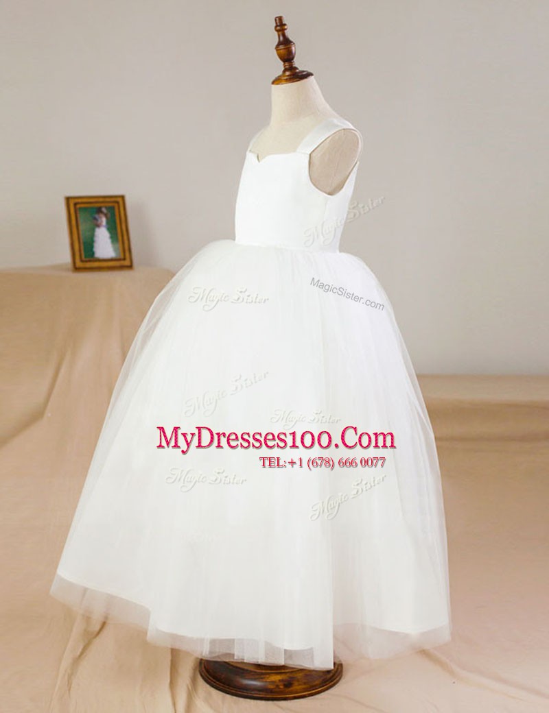 White Tulle Zipper Straps Sleeveless Floor Length Toddler Flower Girl Dress Ruching
