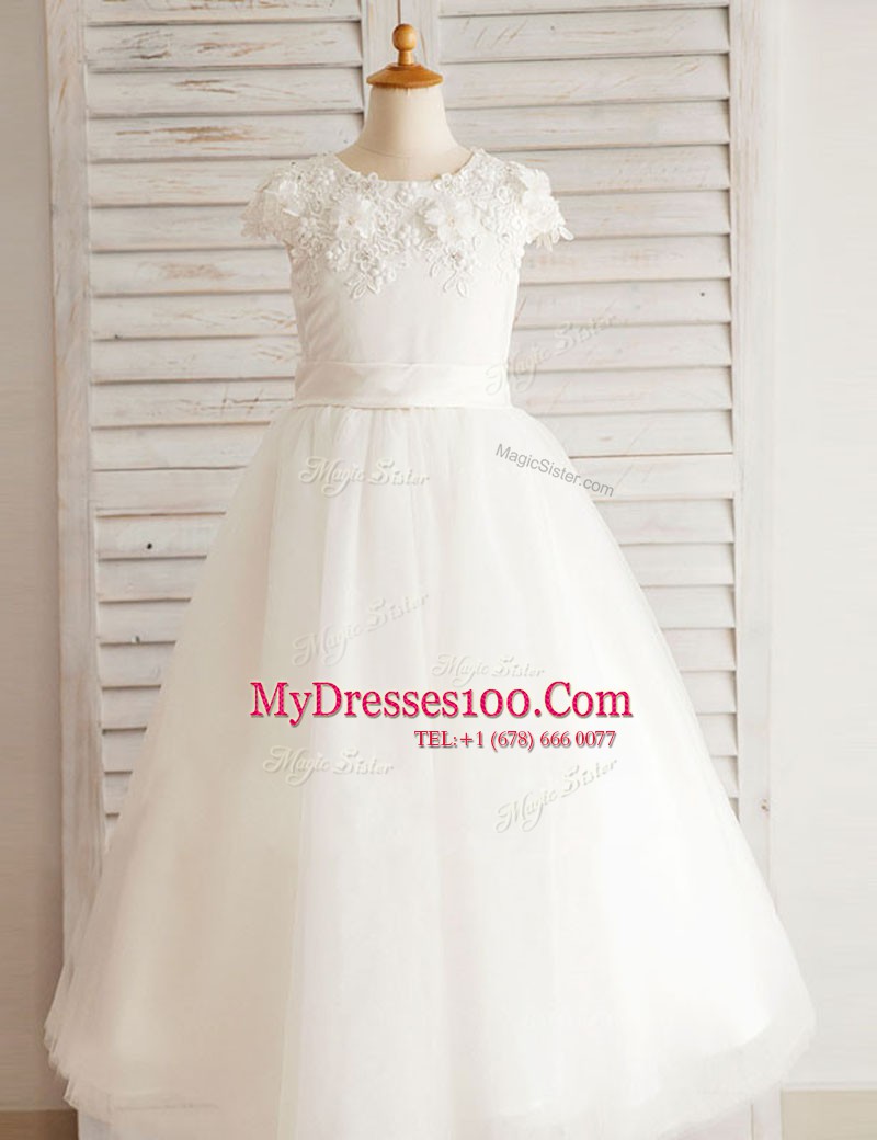 A-line Flower Girl Dresses for Less White Scoop Tulle Short Sleeves Floor Length Zipper