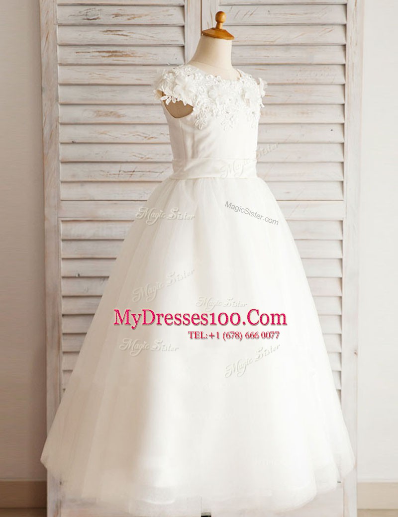A-line Flower Girl Dresses for Less White Scoop Tulle Short Sleeves Floor Length Zipper