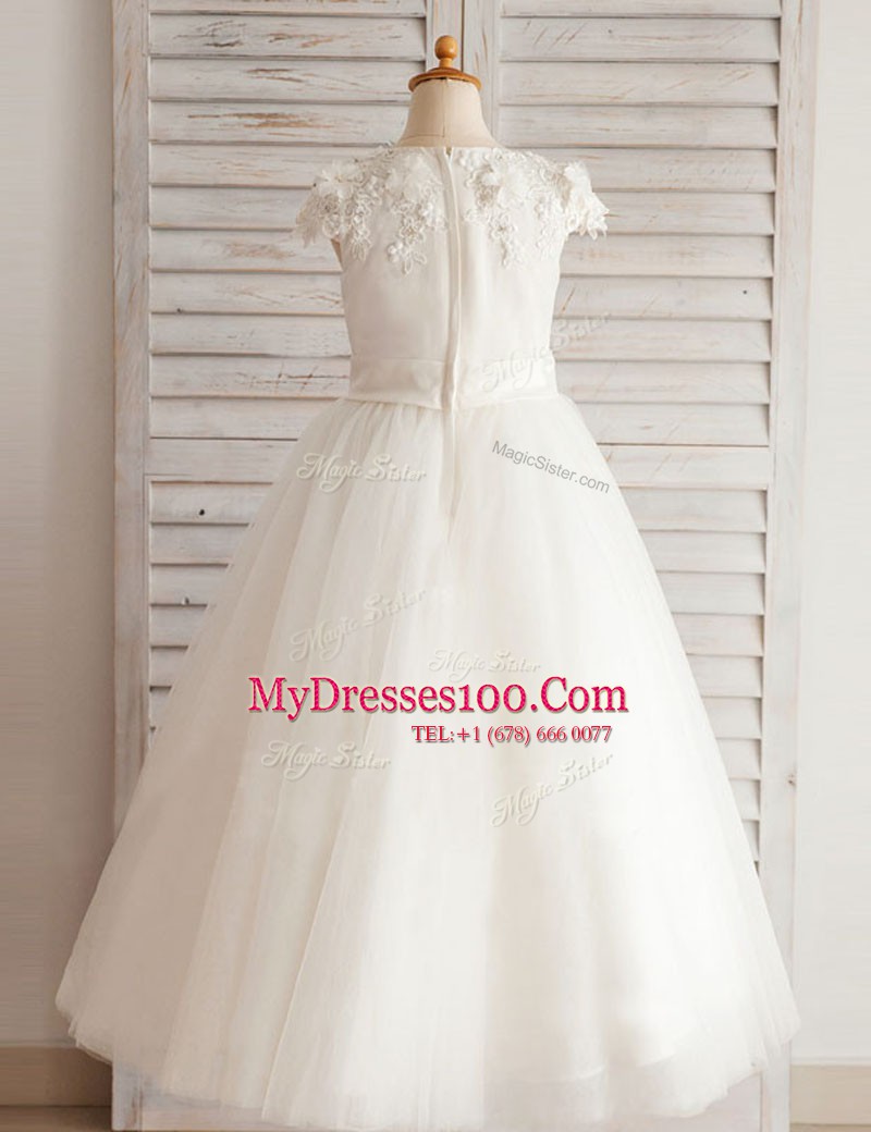 A-line Flower Girl Dresses for Less White Scoop Tulle Short Sleeves Floor Length Zipper