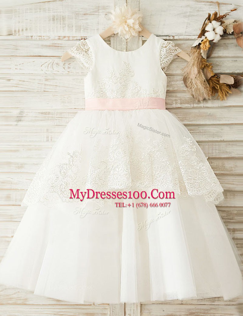 Extravagant White Flower Girl Dresses Party and Wedding Party and For with Lace and Appliques and Bowknot Scoop Cap Sleeves Zipper
