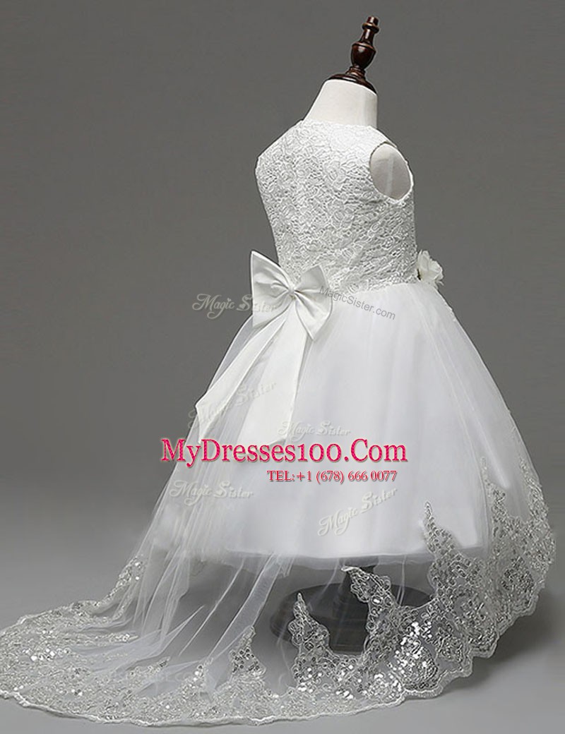 Scoop Sleeveless Brush Train Zipper With Train Lace and Appliques and Bowknot Toddler Flower Girl Dress
