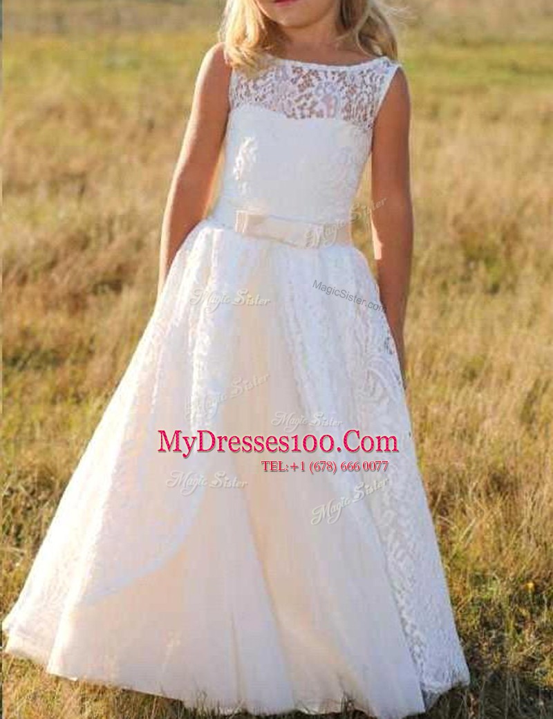 Noble Floor Length Zipper Toddler Flower Girl Dress White for Party and Wedding Party with Lace