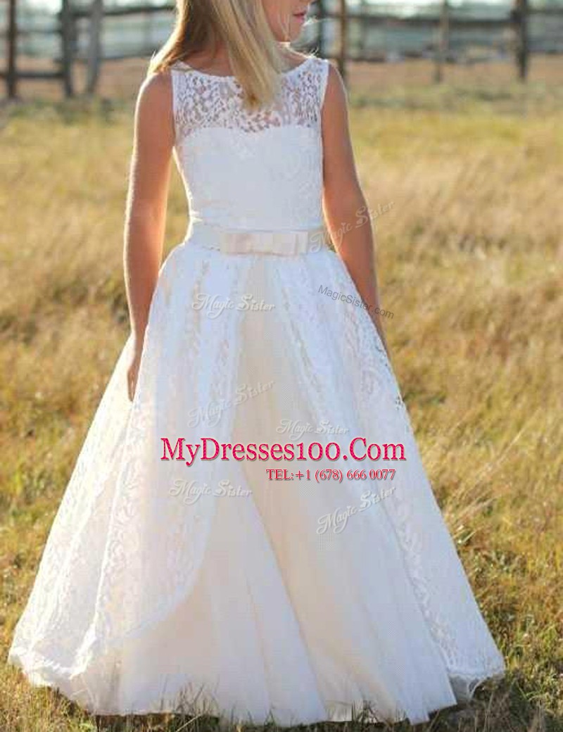 Noble Floor Length Zipper Toddler Flower Girl Dress White for Party and Wedding Party with Lace