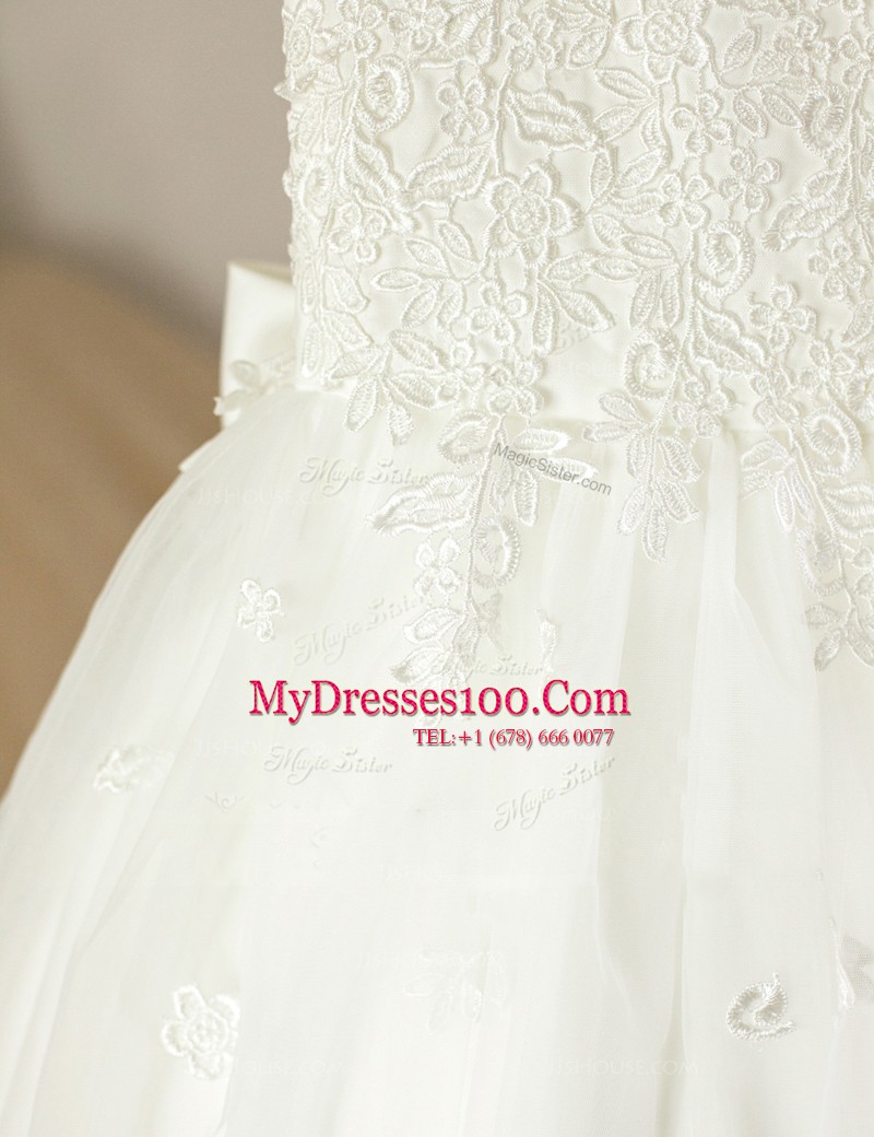 Scoop Sleeveless Tulle Floor Length Zipper Toddler Flower Girl Dress in White with Lace and Bowknot
