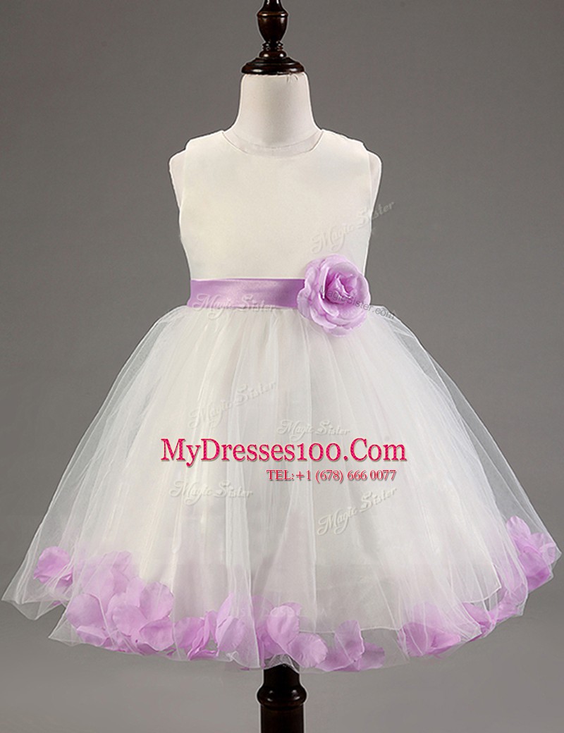 Knee Length Zipper Flower Girl Dresses for Less White and Lavender for Party and Wedding Party with Beading and Hand Made Flower