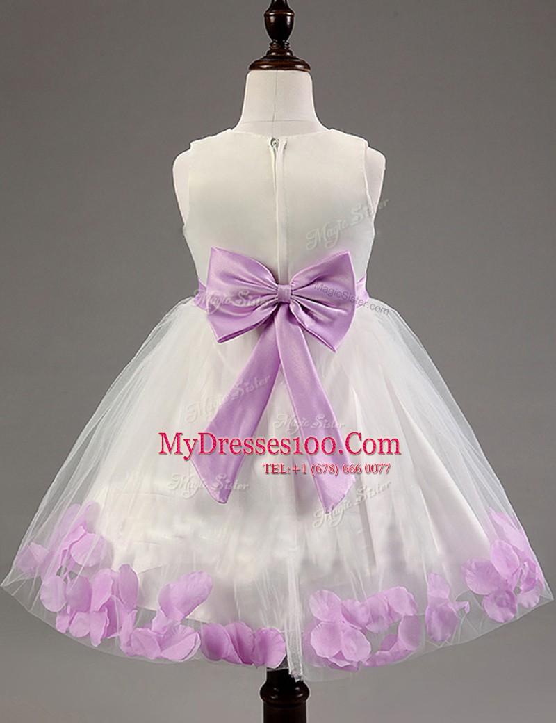 Knee Length Zipper Flower Girl Dresses for Less White and Lavender for Party and Wedding Party with Beading and Hand Made Flower