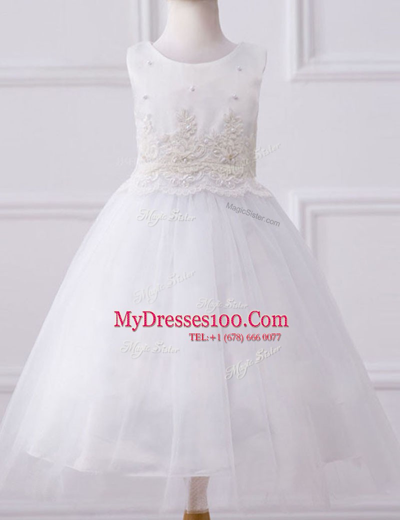 Best White Tulle Zipper Scoop Sleeveless Floor Length Flower Girl Dresses Beading and Appliques