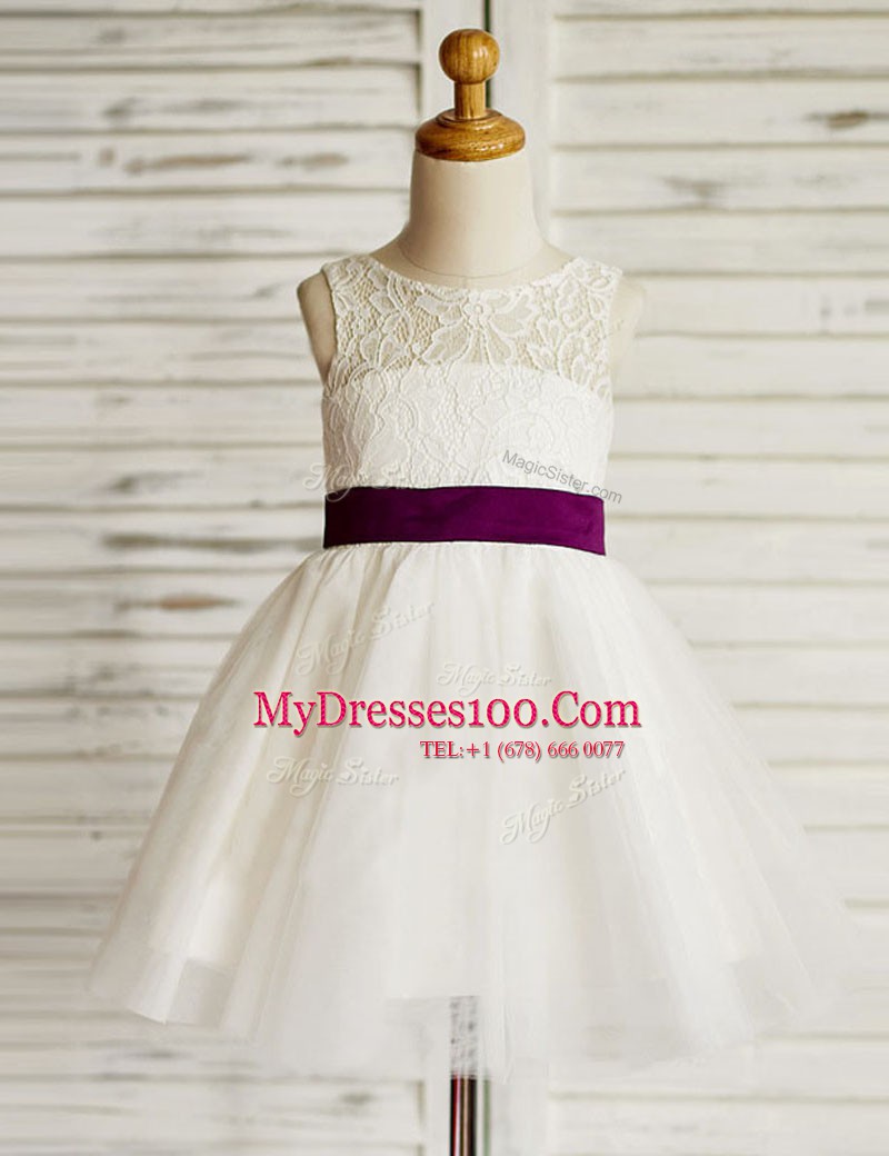 Best Selling White Scoop Zipper Lace and Bowknot Flower Girl Dresses Sleeveless