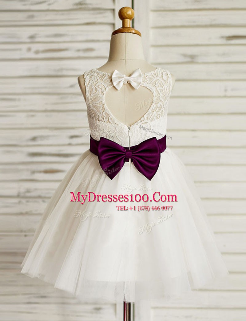 Best Selling White Scoop Zipper Lace and Bowknot Flower Girl Dresses Sleeveless
