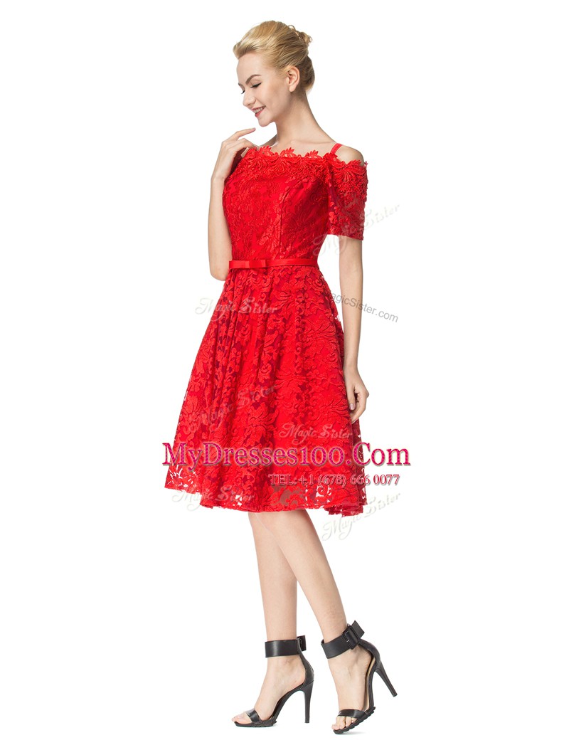Great Off the Shoulder Lace Knee Length A-line Sleeveless Red Prom Dresses Zipper