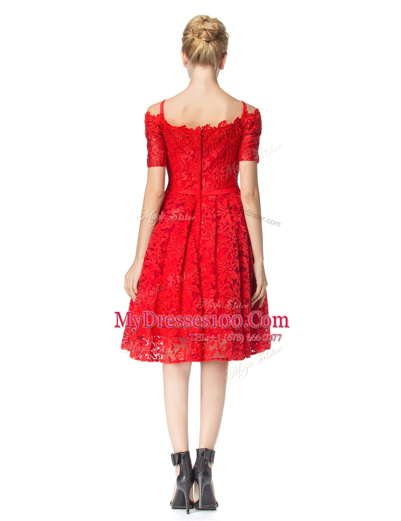 Great Off the Shoulder Lace Knee Length A-line Sleeveless Red Prom Dresses Zipper