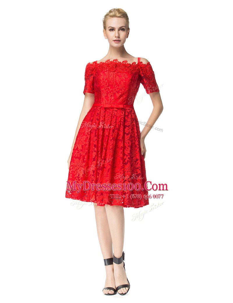 Great Off the Shoulder Lace Knee Length A-line Sleeveless Red Prom Dresses Zipper