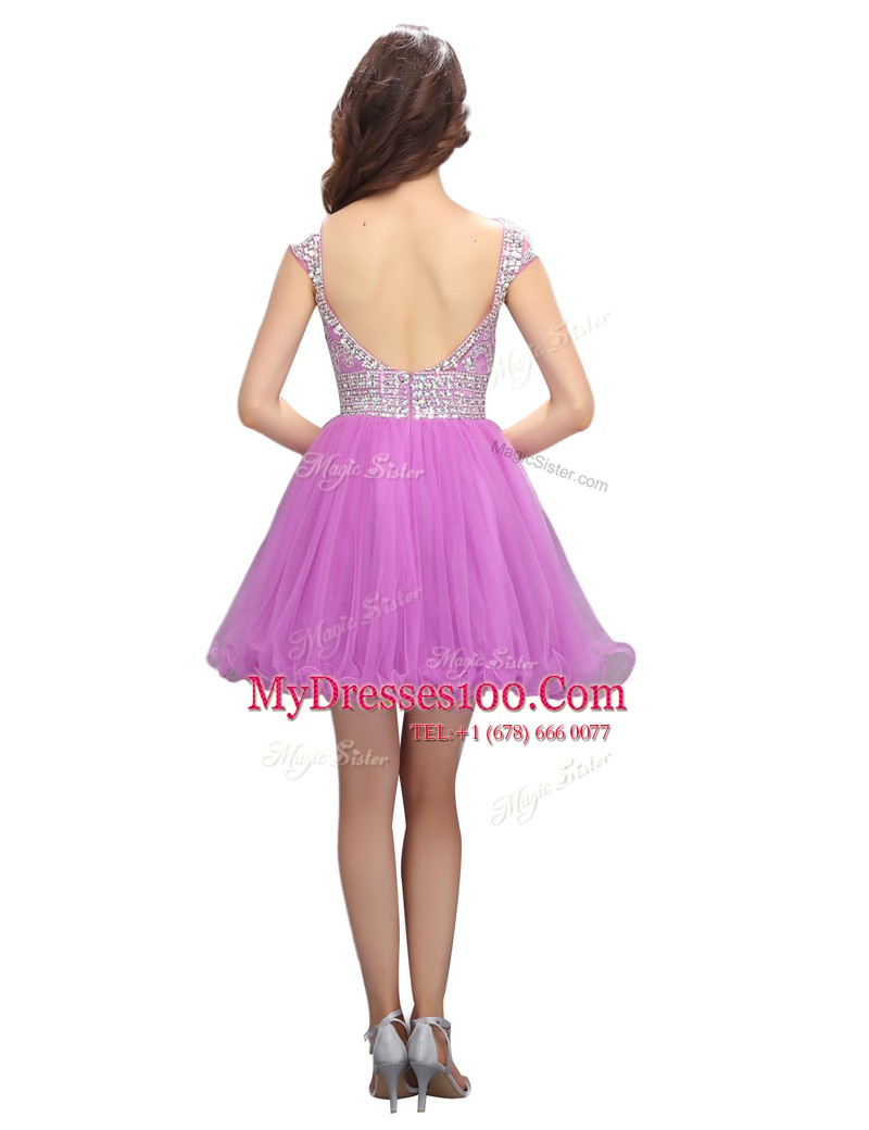 Classical Mini Length A-line Cap Sleeves Lilac Zipper