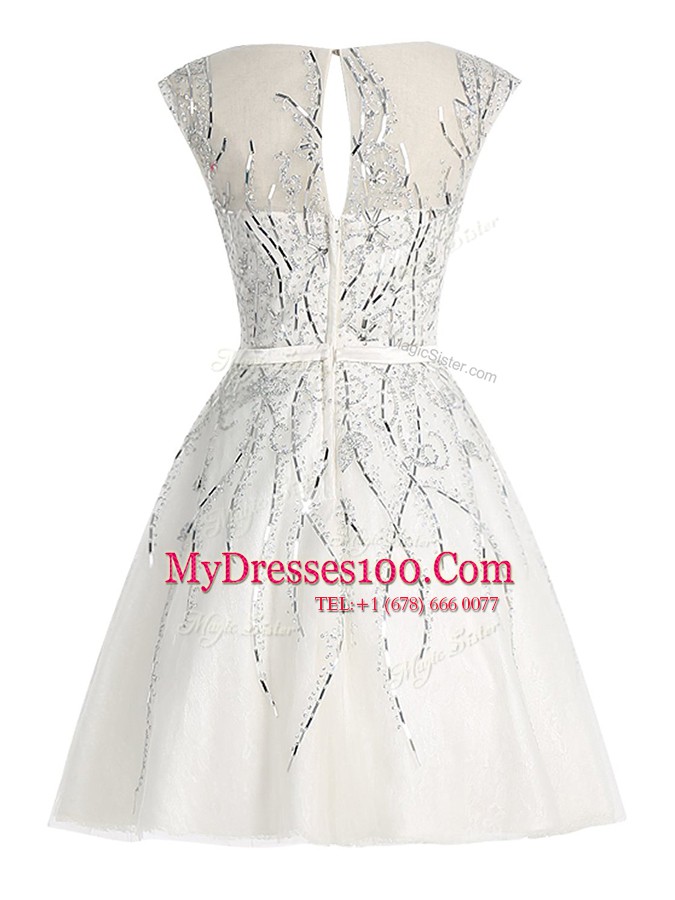 Top Selling Scoop Cap Sleeves Organza Mini Length Zipper Prom Dress in White with Beading