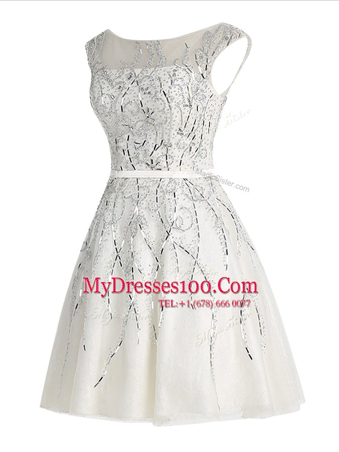 Top Selling Scoop Cap Sleeves Organza Mini Length Zipper Prom Dress in White with Beading