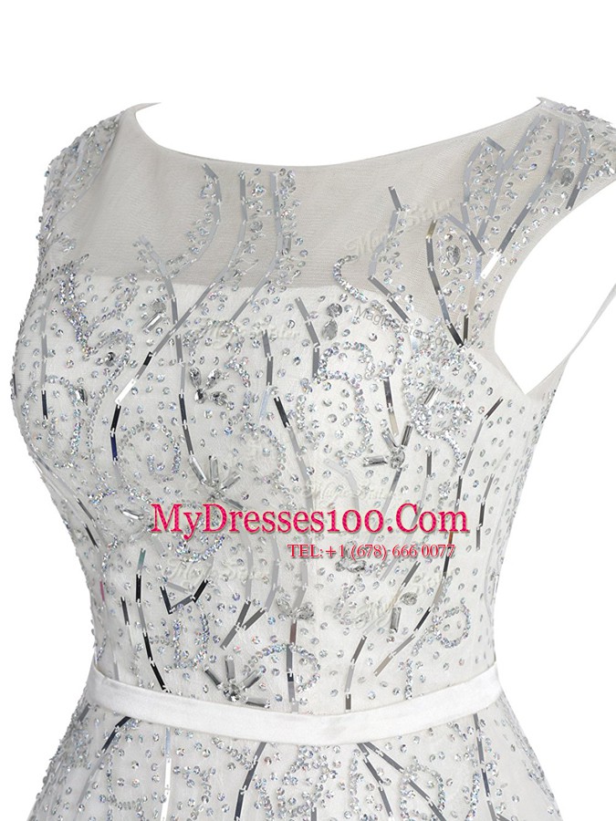 Top Selling Scoop Cap Sleeves Organza Mini Length Zipper Prom Dress in White with Beading