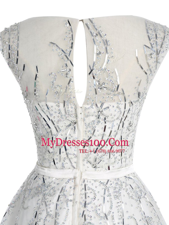 Top Selling Scoop Cap Sleeves Organza Mini Length Zipper Prom Dress in White with Beading