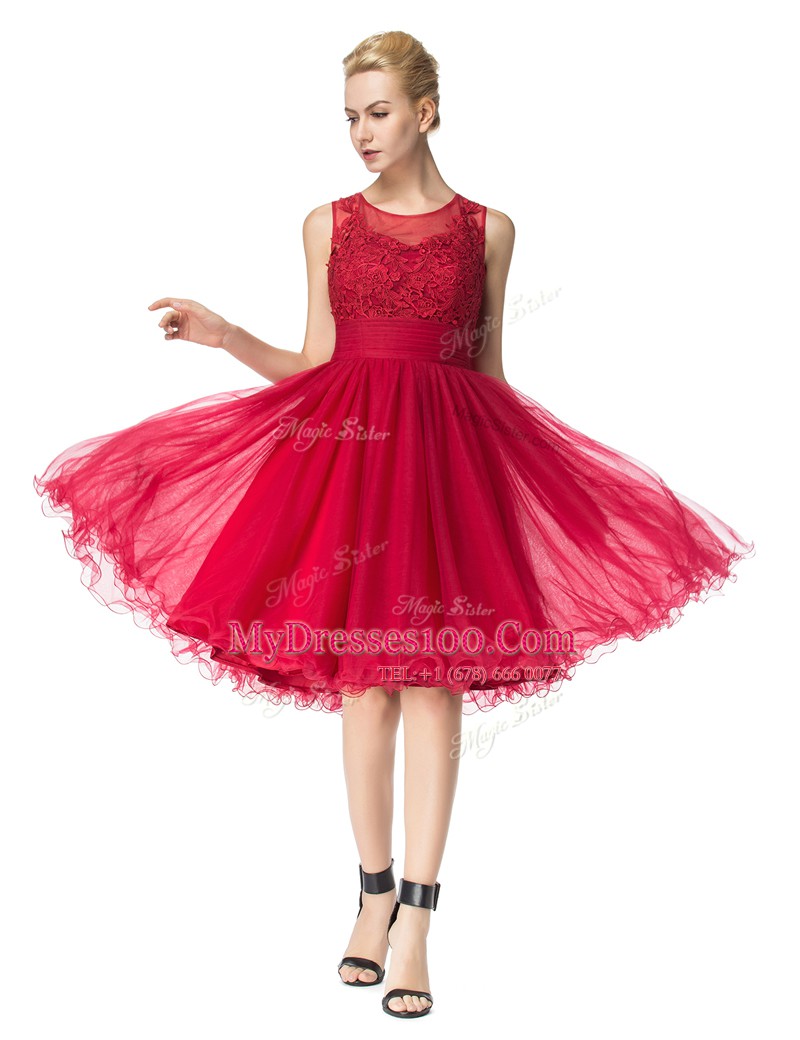 Modest Scoop Sleeveless Zipper Knee Length Lace Prom Party Dress